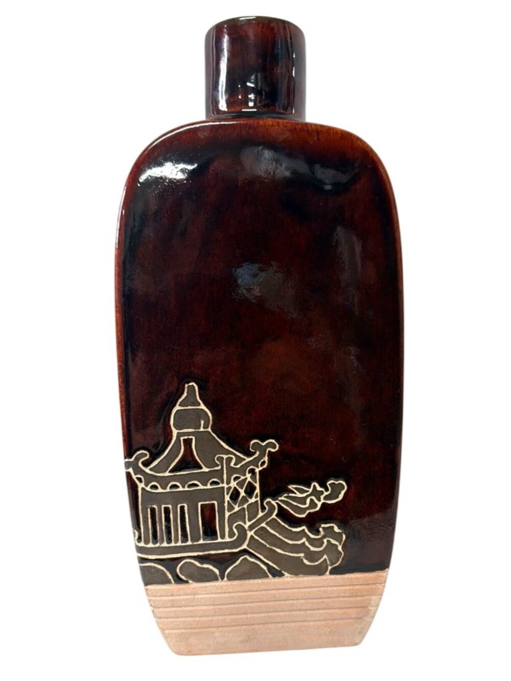 Vintage Pier 1 Imports ceramic vase featuring a glossy dark brown glaze and an e